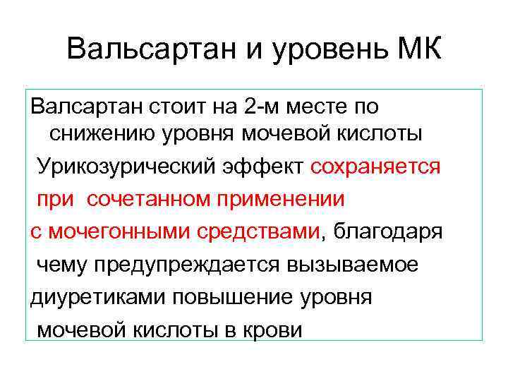 Вальсартан и уровень МК Валсартан стоит на 2 -м месте по снижению уровня мочевой