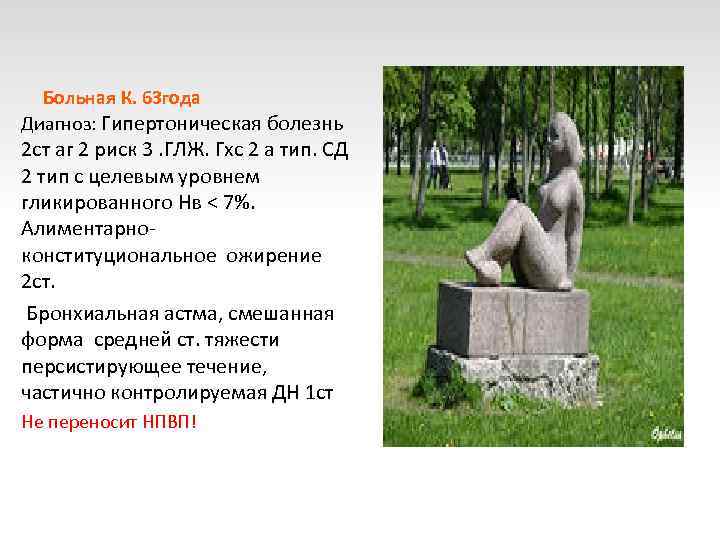 Больная К. 63 года Диагноз: Гипертоническая болезнь 2 ст аг 2 риск 3. ГЛЖ.