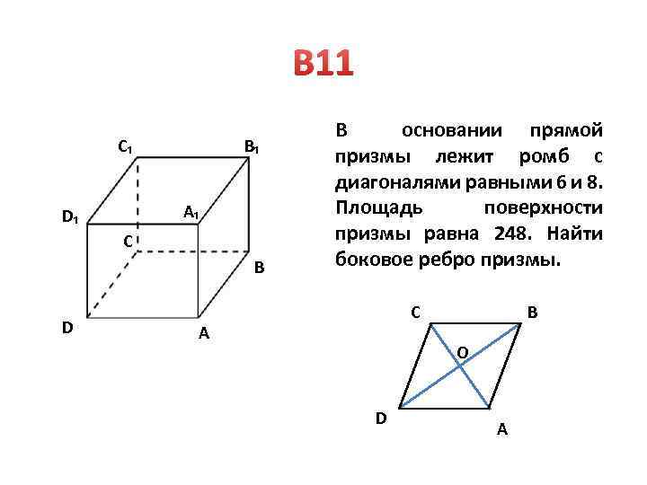 Диагонали прямой призмы с основанием ромб. Боковое ребро ромба. Прямая Призма с ромбом в основании диагонали 6 и 8 см боковое ребро 10. Площадь поверхности Призмы ромб с диагоналями 6 и 8. Основанием Призмы служит ромб.