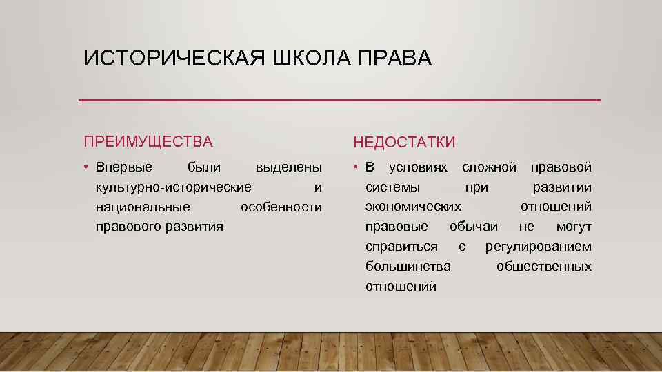 ИСТОРИЧЕСКАЯ ШКОЛА ПРАВА ПРЕИМУЩЕСТВА НЕДОСТАТКИ • Впервые были выделены культурно-исторические и национальные особенности правового