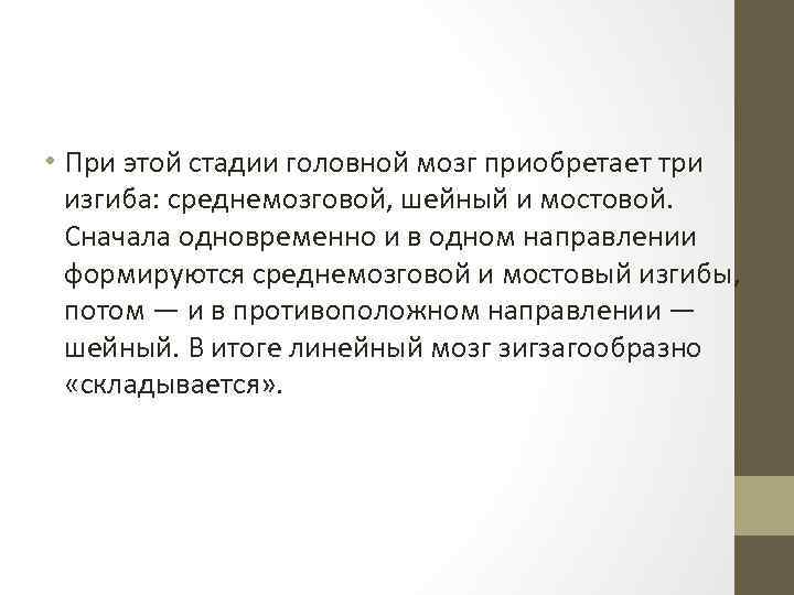  • При этой стадии головной мозг приобретает три изгиба: среднемозговой, шейный и мостовой.