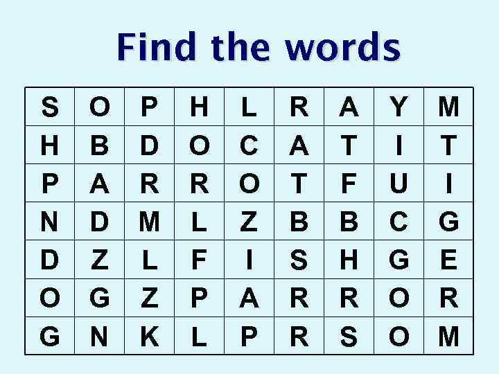 Find the words S H P N D O G O P H B