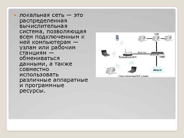  локальная сеть — это распределенная вычислительная система, позволяющая всем подключенным к ней компьютерам