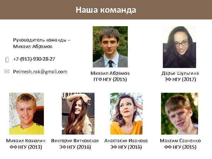 Наша команда Руководитель команды – Михаил Абрамов +7 -(913)-930 -28 -27 Pelmesh. nsk@gmail. com