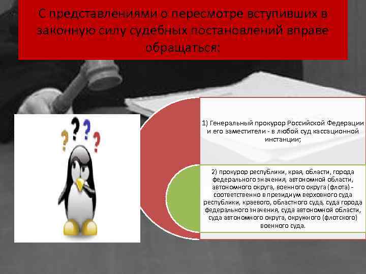 С представлениями о пересмотре вступивших в законную силу судебных постановлений вправе обращаться: 1) Генеральный