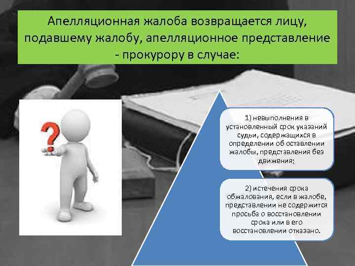 Апелляционная жалоба возвращается лицу, подавшему жалобу, апелляционное представление - прокурору в случае: 1) невыполнения