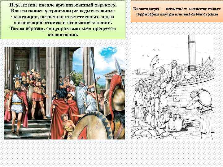 Переселение носило организованный характер. Власти полиса устраивали разведывательные экспедиции, назначали ответственных лиц за организацию