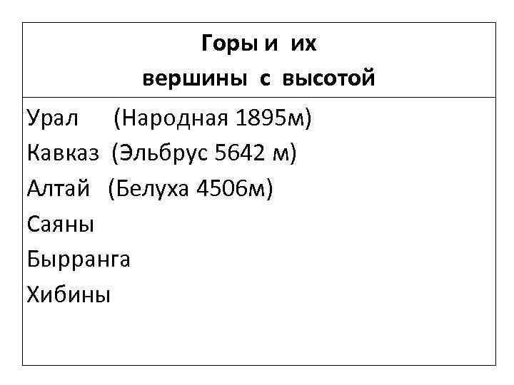 Горы и их вершины с высотой Урал (Народная 1895 м) Кавказ (Эльбрус 5642 м)