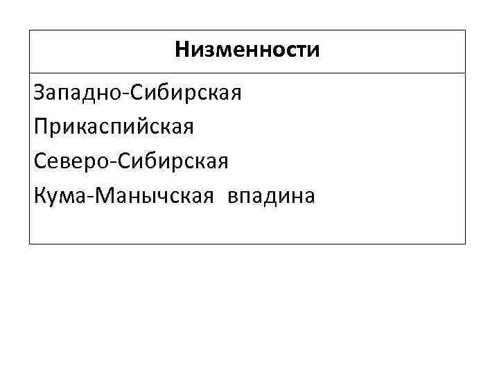 Низменности Западно-Сибирская Прикаспийская Северо-Сибирская Кума-Манычская впадина 