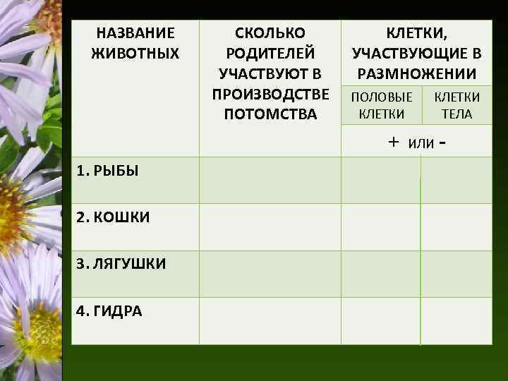 НАЗВАНИЕ ЖИВОТНЫХ СКОЛЬКО РОДИТЕЛЕЙ УЧАСТВУЮТ В ПРОИЗВОДСТВЕ ПОТОМСТВА КЛЕТКИ, УЧАСТВУЮЩИЕ В РАЗМНОЖЕНИИ ПОЛОВЫЕ КЛЕТКИ