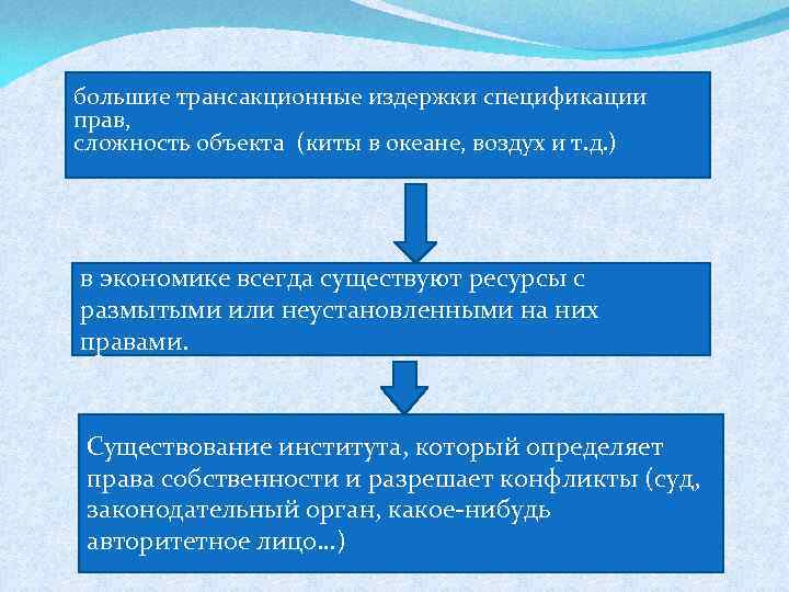 большие трансакционные издержки спецификации прав, сложность объекта (киты в океане, воздух и т. д.