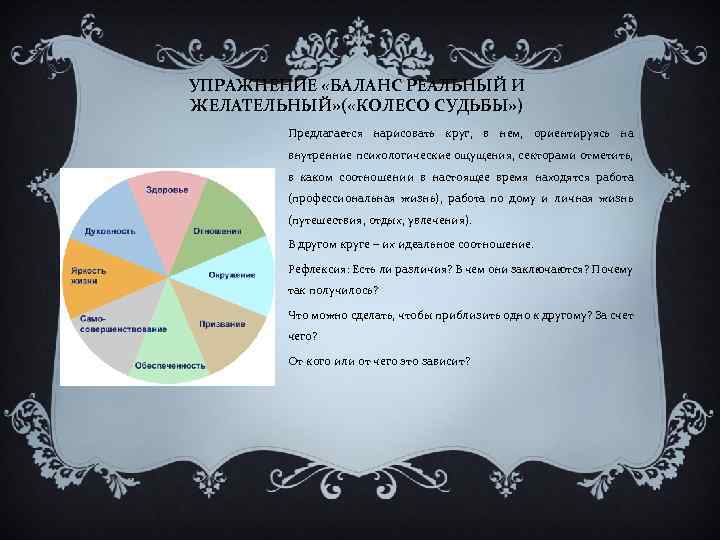 УПРАЖНЕНИЕ «БАЛАНС РЕАЛЬНЫЙ И ЖЕЛАТЕЛЬНЫЙ» ( «КОЛЕСО СУДЬБЫ» ) Предлагается нарисовать круг, в нем,