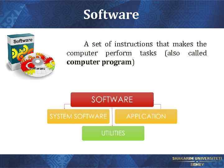 Software A set of instructions that makes the computer perform tasks (also called computer
