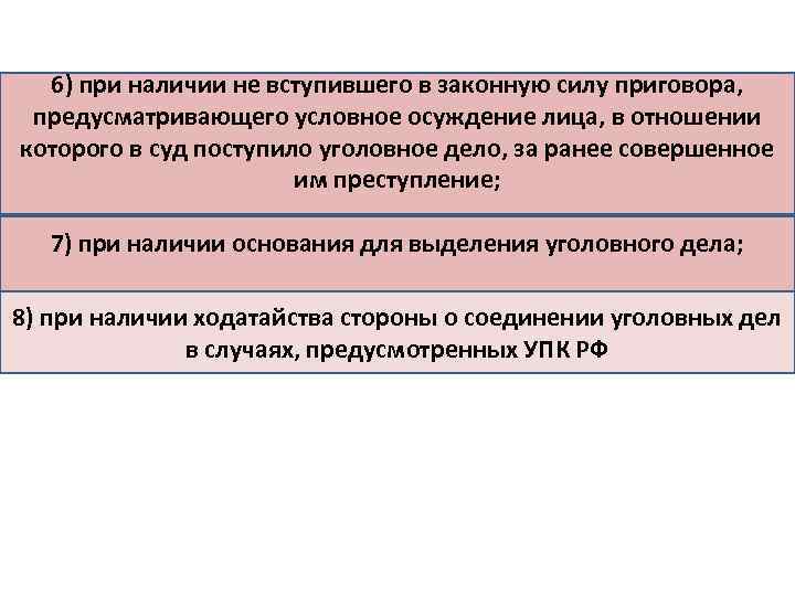 6) при наличии не вступившего в законную силу приговора, предусматривающего условное осуждение лица, в