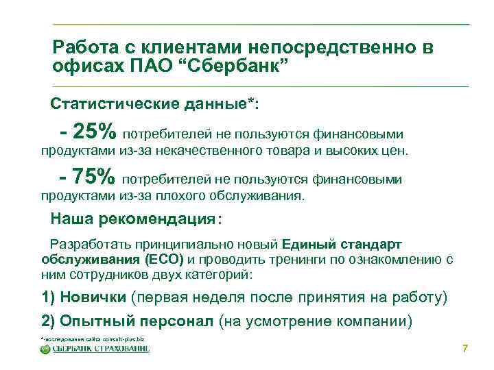 Работа с клиентами непосредственно в офисах ПАО “Сбербанк” Статистические данные*: - 25% потребителей не