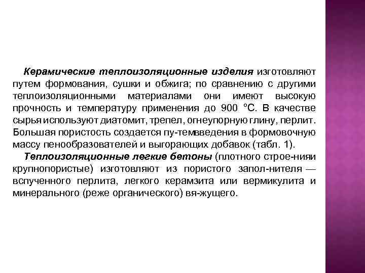 Керамические теплоизоляционные изделия изготовляют путем формования, сушки и обжига; по сравнению с другими теплоизоляционными