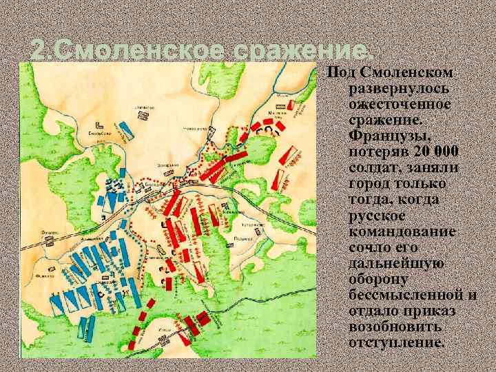 2. Смоленское сражение. Под Смоленском развернулось ожесточенное сражение. Французы, потеряв 20 000 солдат, заняли