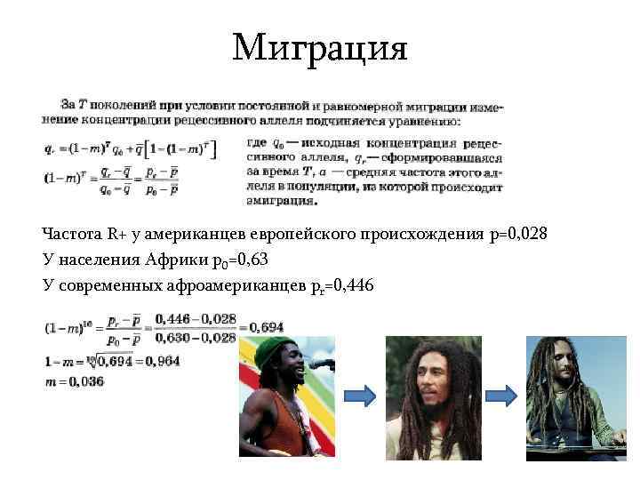 Миграция Частота R+ у американцев европейского происхождения p=0, 028 У населения Африки p 0=0,