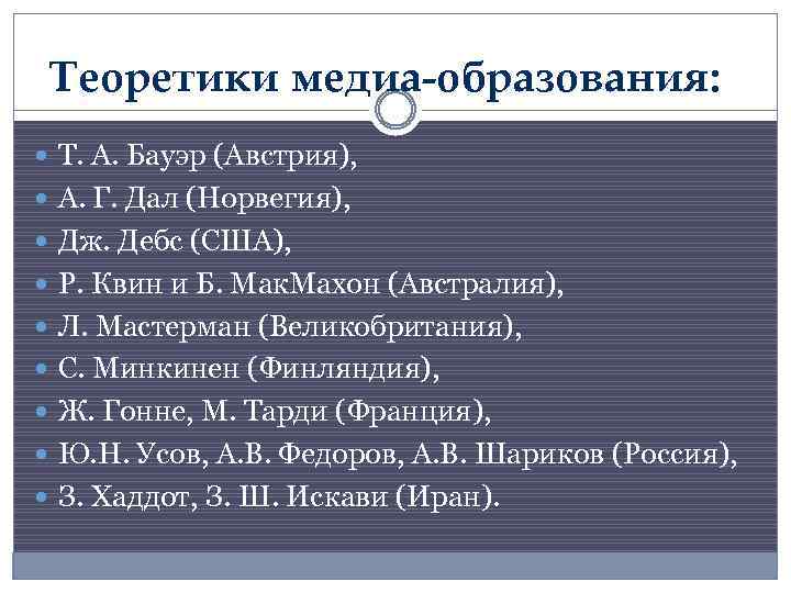 Теоретики медиа-образования: Т. А. Бауэр (Австрия), А. Г. Дал (Норвегия), Дж. Дебс (США), Р.