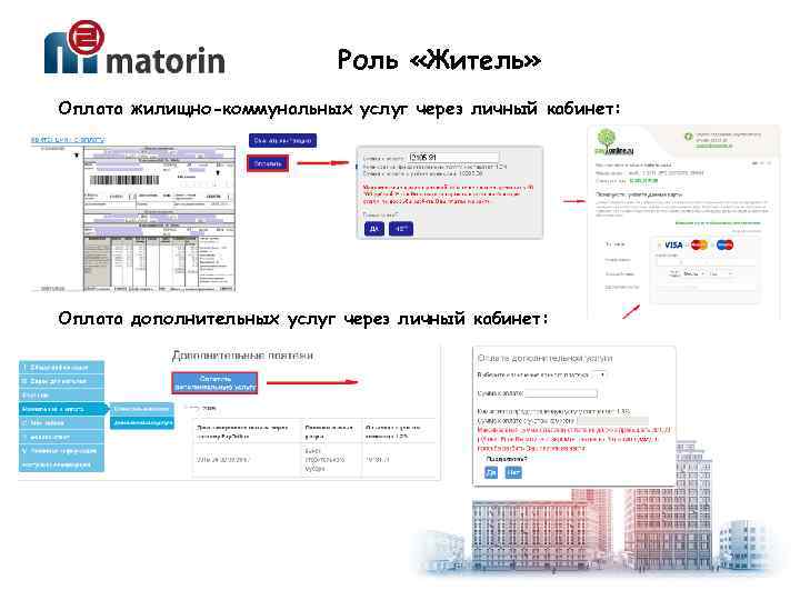 Роль «Житель» Оплата жилищно-коммунальных услуг через личный кабинет: Оплата дополнительных услуг через личный кабинет: