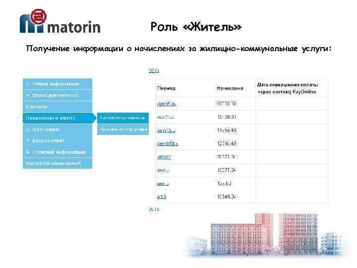 Роль «Житель» Получение информации о начислениях за жилищно-коммунальные услуги: 