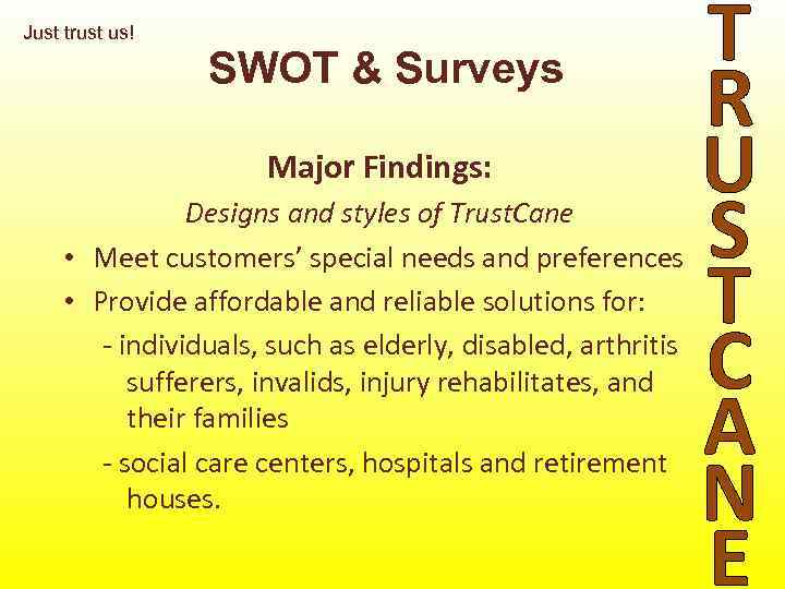 Just trust us! SWOT & Surveys Major Findings: Designs and styles of Trust. Cane