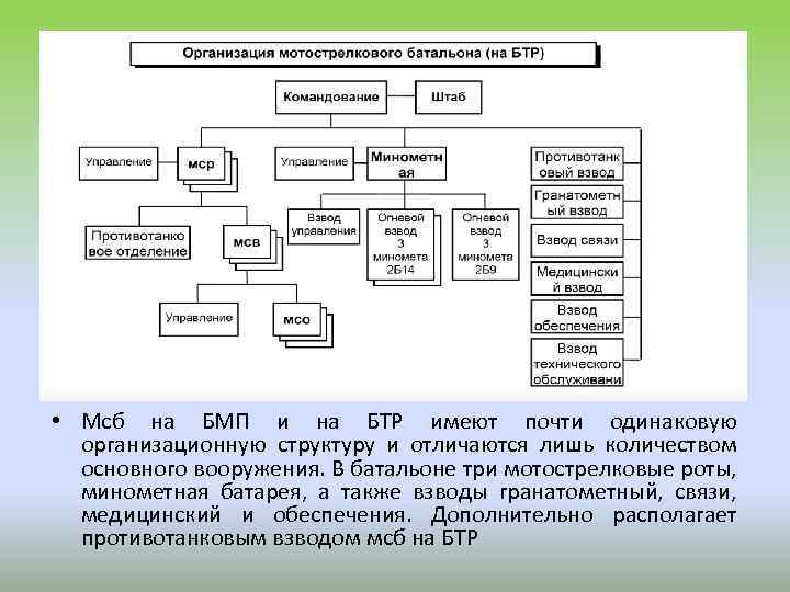  • Мсб на БМП и на БТР имеют почти одинаковую организационную структуру и