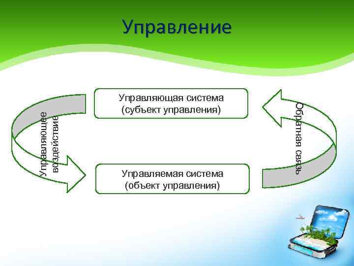 Управляющая система (субъект управления) Управляемая система (объект управления) Обратная связь Управляющее воздействие Управление 