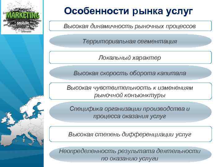 Особенности рынка услуг Высокая динамичность рыночных процессов Территориальная сегментация Локальный характер Высокая скорость оборота