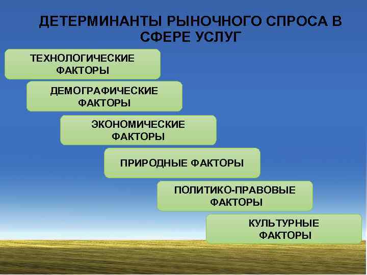 ДЕТЕРМИНАНТЫ РЫНОЧНОГО СПРОСА В СФЕРЕ УСЛУГ ТЕХНОЛОГИЧЕСКИЕ ФАКТОРЫ ДЕМОГРАФИЧЕСКИЕ ФАКТОРЫ ЭКОНОМИЧЕСКИЕ ФАКТОРЫ ПРИРОДНЫЕ ФАКТОРЫ