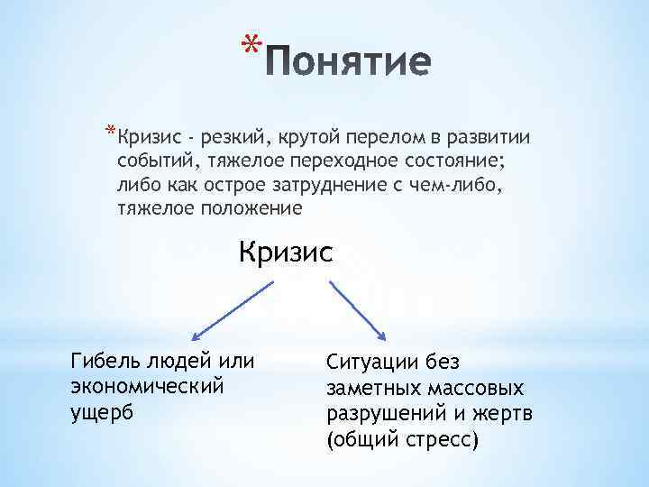 * *Кризис - резкий, крутой перелом в развитии событий, тяжелое переходное состояние; либо как