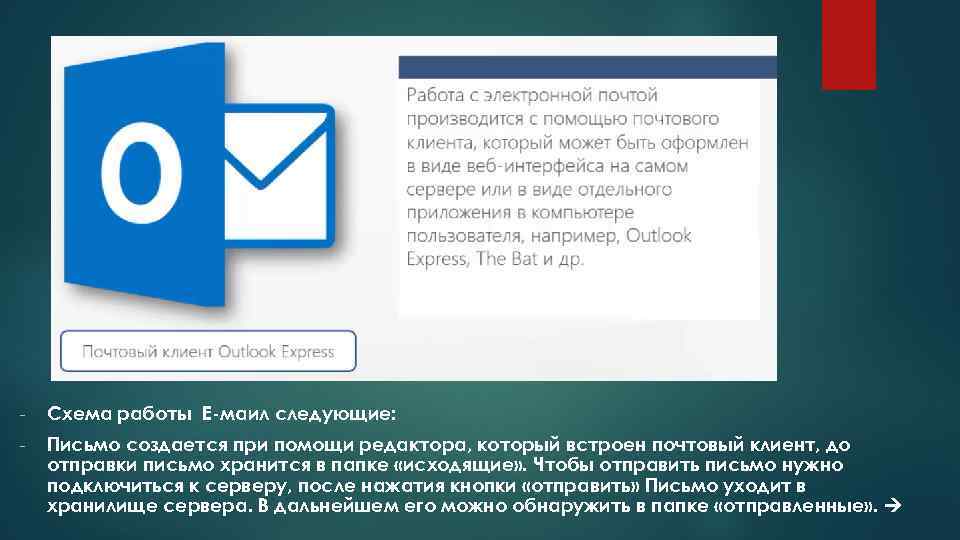 - Схема работы Е-маил следующие: - Письмо создается при помощи редактора, который встроен почтовый