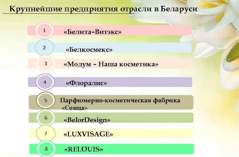 Крупнейшие предприятия отрасли в Беларуси 1 2 3 4 5 «Белита–Витэкс» «Белкосмекс» «Модум –