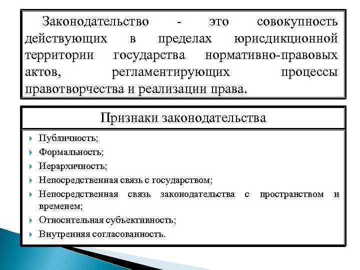 Законодательство - это совокупность действующих в пределах юрисдикционной территории государства нормативно-правовых актов, регламентирующих процессы