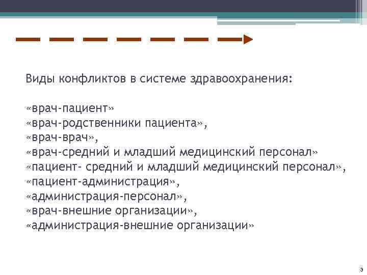 Виды конфликтов в системе здравоохранения: «врач-пациент» «врач-родственники пациента» , «врач-врач» , «врач-средний и младший