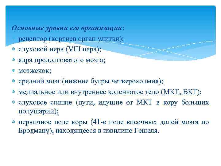 Основные уровни его организации: рецептор (кортиев орган улитки); слуховой нерв (VIII пара); ядра продолговатого