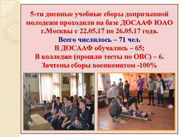 5 -ти дневные учебные сборы допризывной молодежи проходили на базе ДОСААФ ЮАО г. Москвы