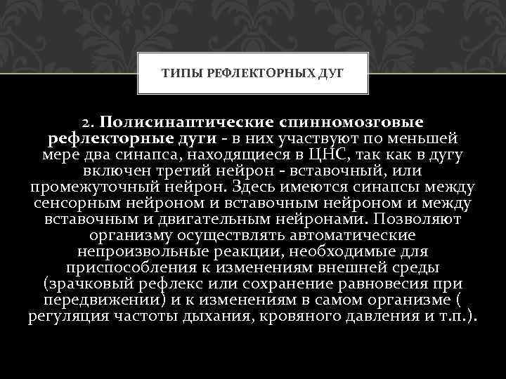 ТИПЫ РЕФЛЕКТОРНЫХ ДУГ 2. Полисинаптические спинномозговые рефлекторные дуги - в них участвуют по меньшей