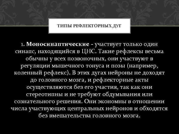 ТИПЫ РЕФЛЕКТОРНЫХ ДУГ 1. Моносинаптические - участвует только один синапс, находящийся в ЦНС. Такие