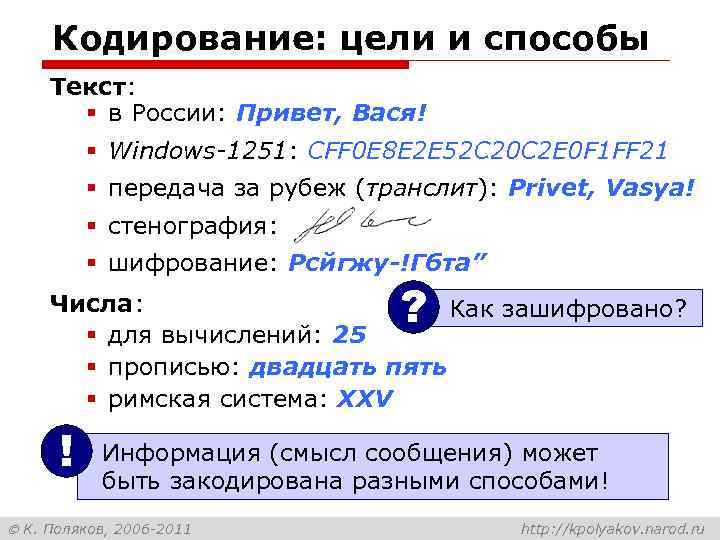 Кодирование: цели и способы Текст: § в России: Привет, Вася! § Windows-1251: CFF 0