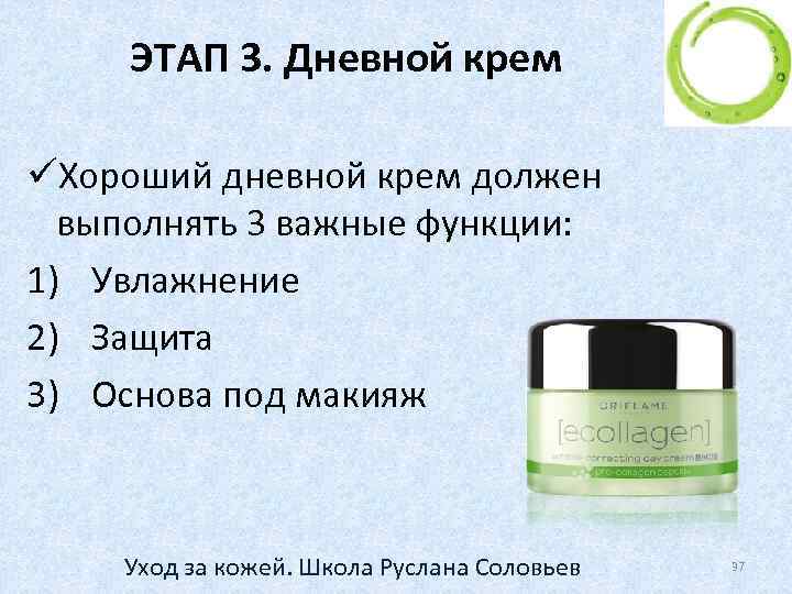 ЭТАП 3. Дневной крем üХороший дневной крем должен выполнять 3 важные функции: 1) Увлажнение
