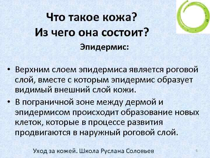Что такое кожа? Из чего она состоит? Эпидермис: • Верхним слоем эпидермиса является роговой