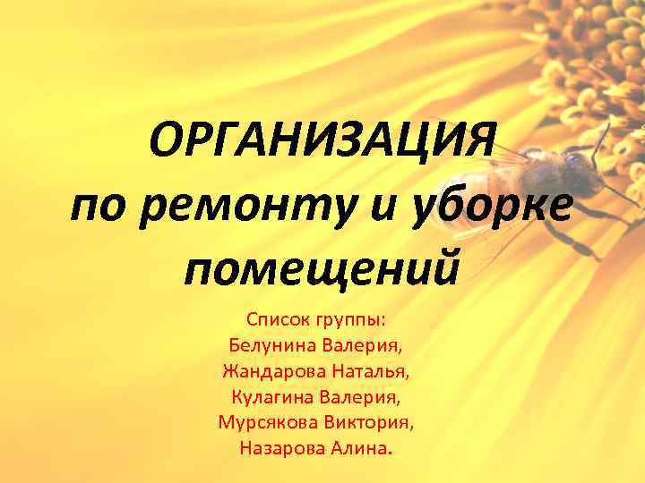 ОРГАНИЗАЦИЯ по ремонту и уборке помещений Список группы: Белунина Валерия, Жандарова Наталья, Кулагина Валерия,