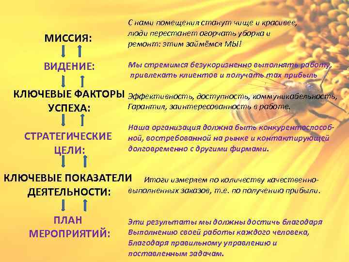 МИССИЯ: ВИДЕНИЕ: С нами помещения станут чище и красивее, люди перестанет огорчать уборка и