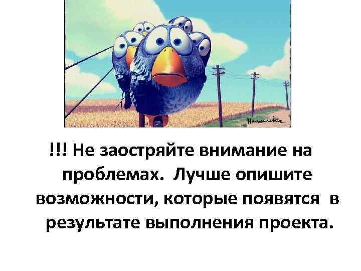 !!! Не заостряйте внимание на проблемах. Лучше опишите возможности, которые появятся в результате выполнения