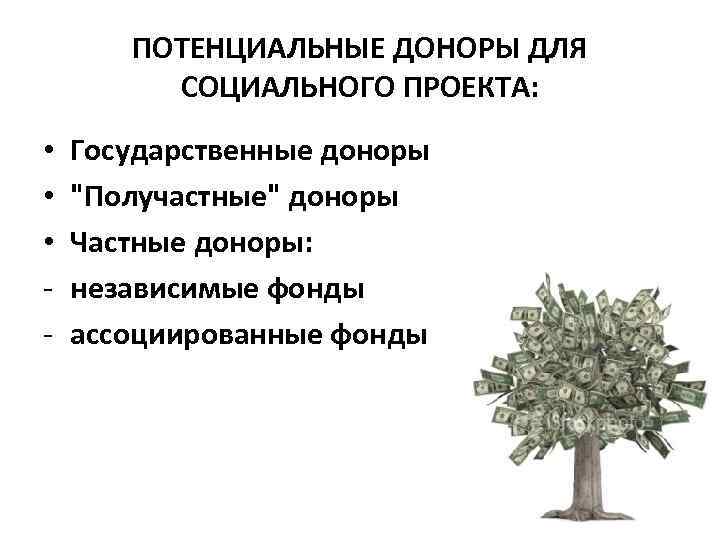 ПОТЕНЦИАЛЬНЫЕ ДОНОРЫ ДЛЯ СОЦИАЛЬНОГО ПРОЕКТА: • • • - Государственные доноры 