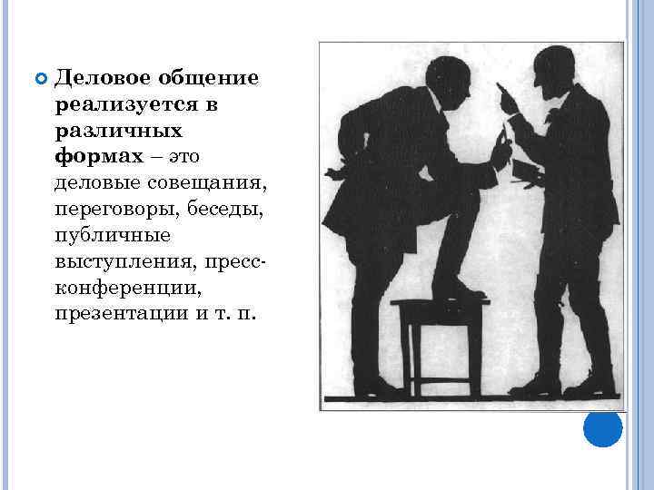  Деловое общение реализуется в различных формах – это деловые совещания, переговоры, беседы, публичные