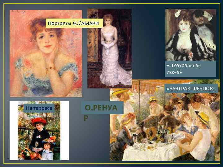 Портреты Ж. САМАРИ « Театральная ложа» «ЗАВТРАК ГРЕБЦОВ» На террасе О. РЕНУА Р 