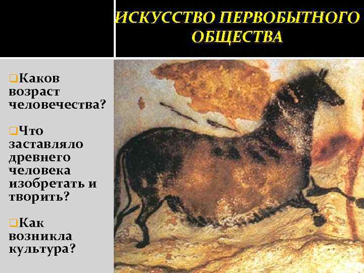ИСКУССТВО ПЕРВОБЫТНОГО ОБЩЕСТВА q. Каков возраст человечества? q. Что заставляло древнего человека изобретать и