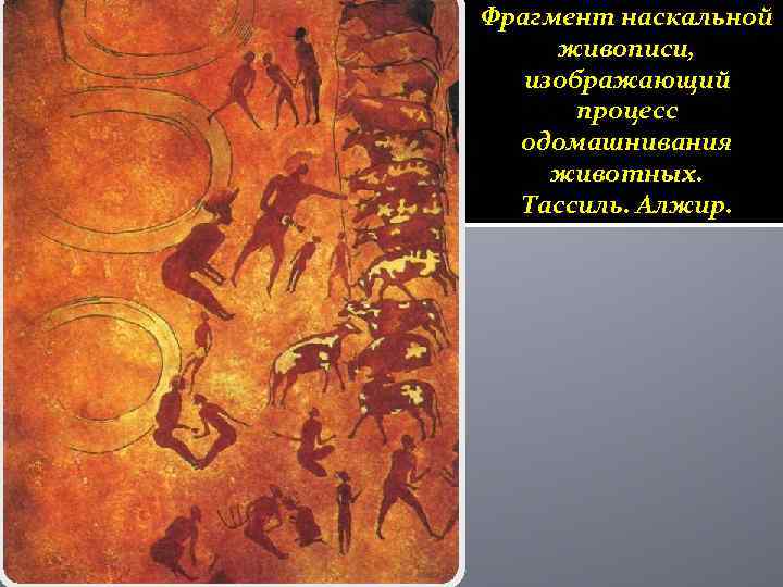 Фрагмент наскальной живописи, изображающий процесс одомашнивания животных. Тассиль. Алжир. 
